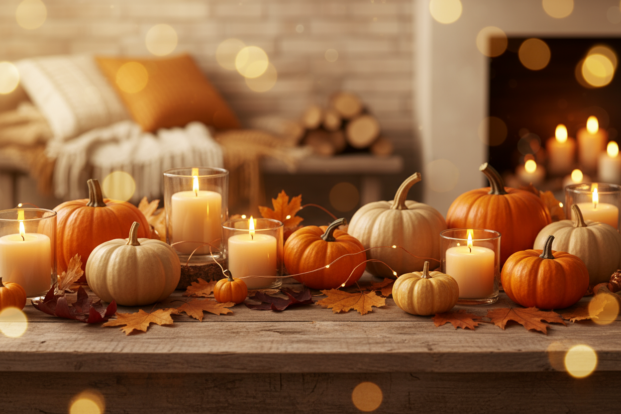 Create a cozy Thanksgiving-themed desktop background image for a Shopify homepage. The design should feel warm, elegant, and inviting — perfect for a holiday gift shop. Include soft autumn lighting, rustic wooden textures, glowing candles, pumpkins, and scattered fall leaves. Use rich golden, amber, and neutral tones to create a comforting seasonal vibe that evokes gratitude and home. No text, no overlays, just a seamless background image that looks beautiful behind website content.